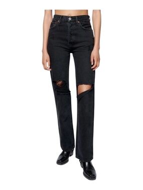 RE/DONE Originals High Rise Loose Jeans Washed Black With Rips SZ 24 Hemmed 29"